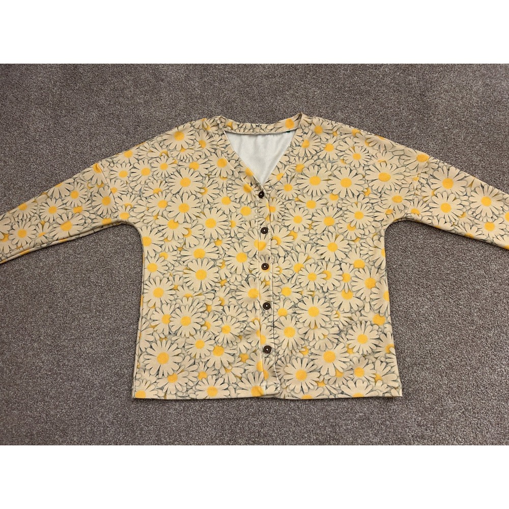 Boho OUFISUN Daisy Floral Cardigan Womens Small Yellow Excellent Waffle Knit Top